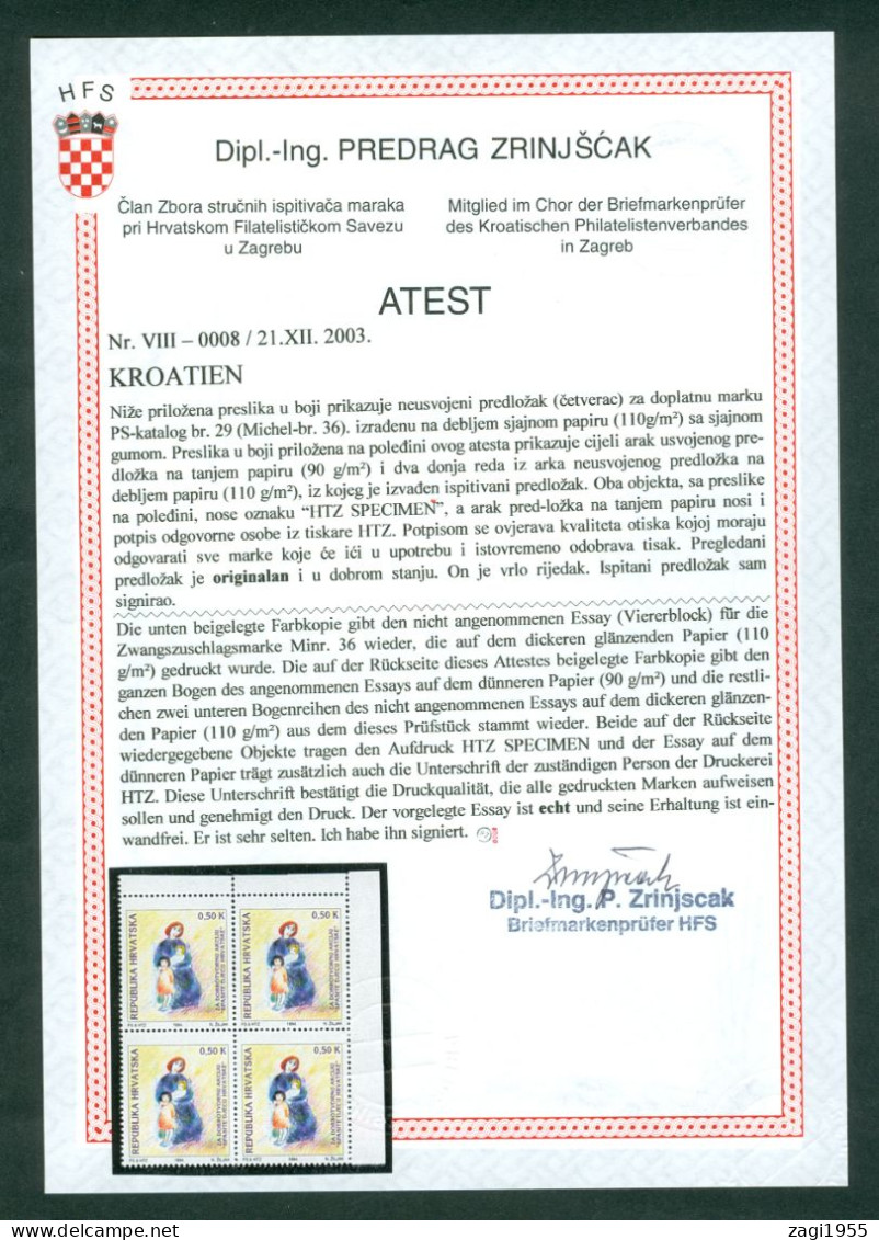 Croatia 1994 Charity Tax Stamp Save The Children Of Croatia PROOF With Certificate - Croazia