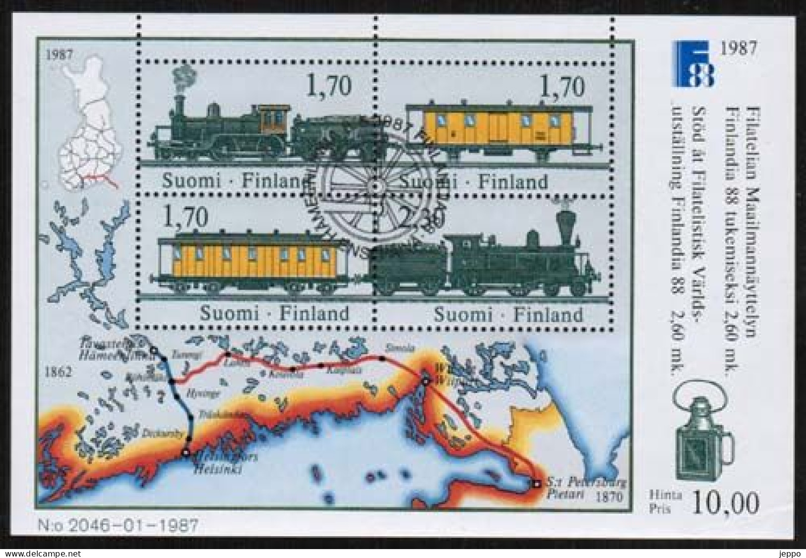 1987 Finland Michel Bl 3, Finlandia 88 Trains, FD Stamped. - Blocs-feuillets