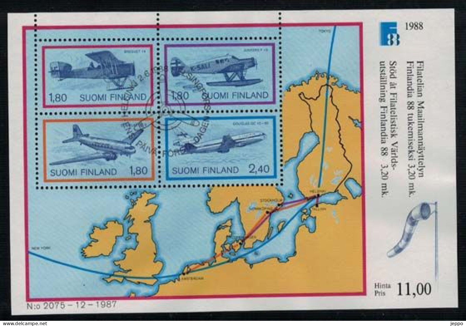 1988 Finland Michel Bl 4, Finlandia 88 Aeroplanes, FD Stamped. - Blocks & Kleinbögen