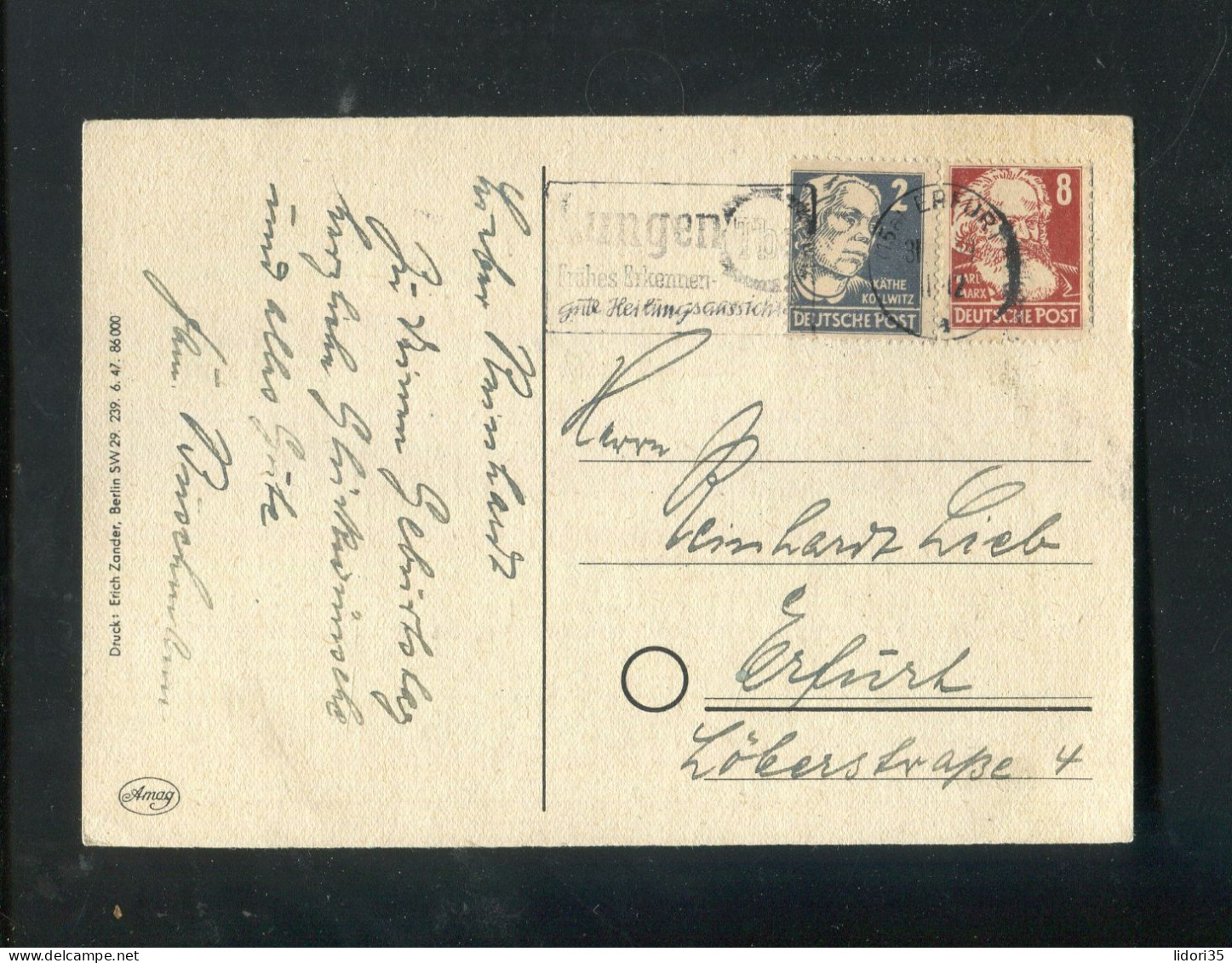 "SBZ" 1948, Mi. 214 Und 212 Auf Ansichtskarte Mit Stempel "ERFURT, Lungen-TBC Fruehes Erkennen ..... " (L1074) - Brieven En Documenten