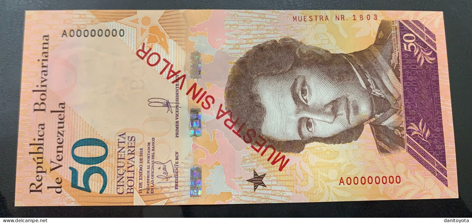 VENEZUELA. 50 BOLIVARES 15 ENERO 2018. SOBRECARGA "MUESTRA SIN VALOR". - Venezuela