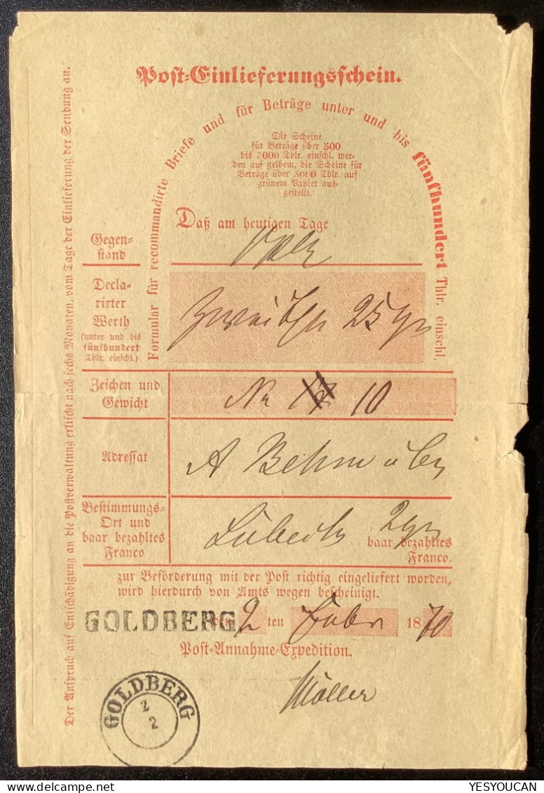 GOLDBERG MIT SELTENEN L1 1870 Mecklenburg-Schwerin Nachverwendeter-Stempel Auf NDP Postschein (Brief - Storia Postale