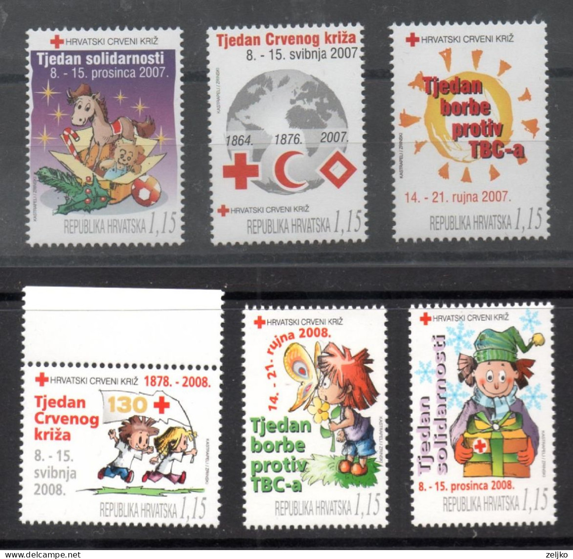 Croatia, MNH, Charity Stamps, 2007, 2008, Michel 110, 111, 112, 113, 114, 115, Red Cross, Complete Year - Croazia