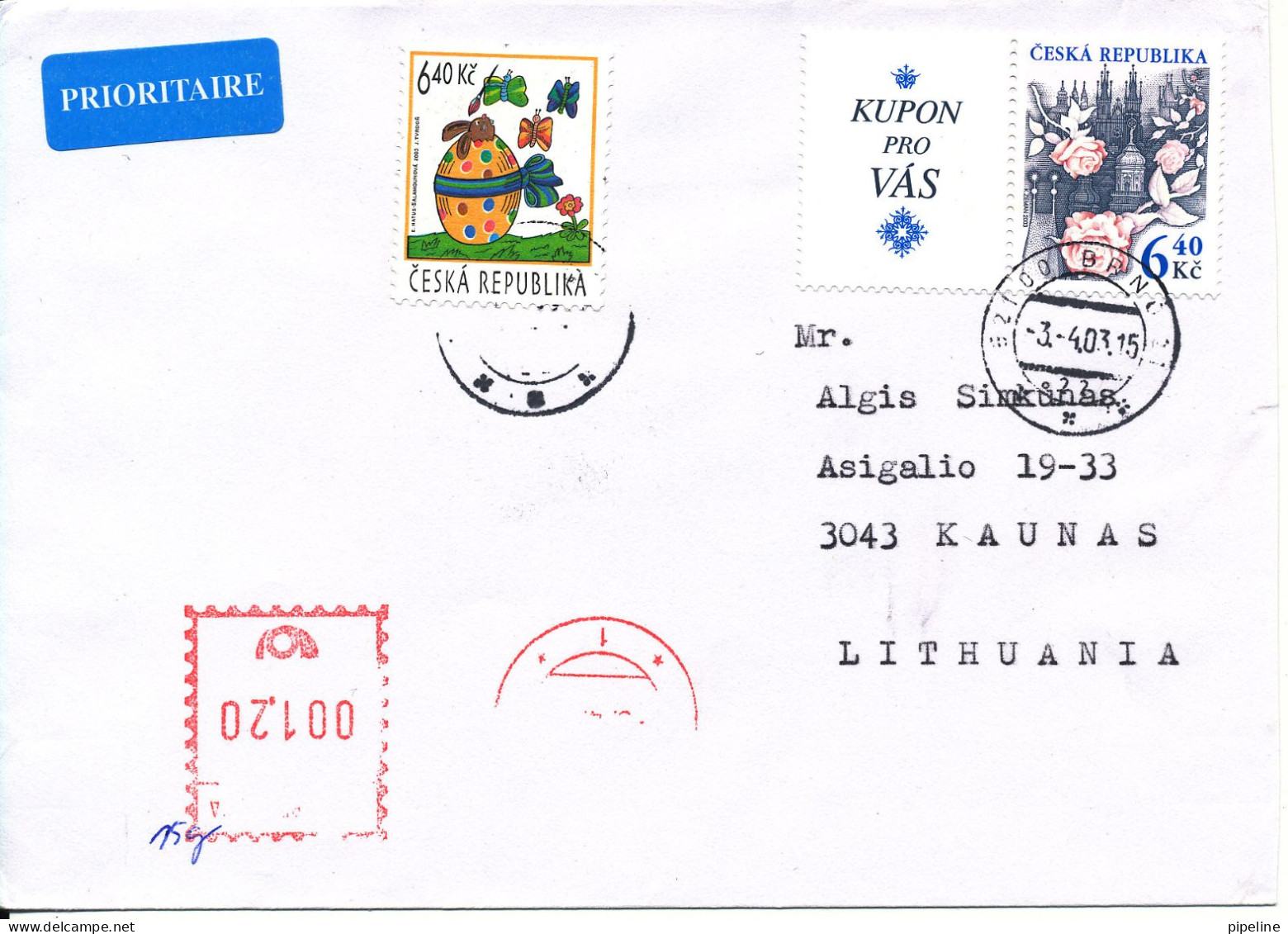 Czech Republic Cover Sent To Lithuania 3-4-2003 With Red Meter Cancel And Stamps - Briefe U. Dokumente