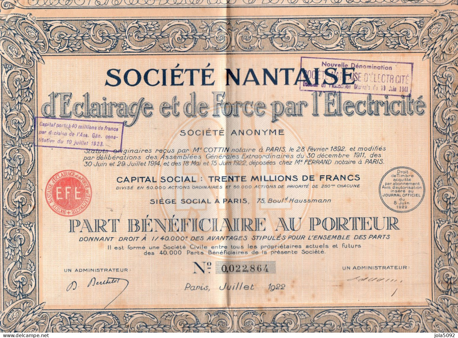 ACTION - Société Nantaise D'Eclairage Et De Force Par L'Electricité - Electricité & Gaz