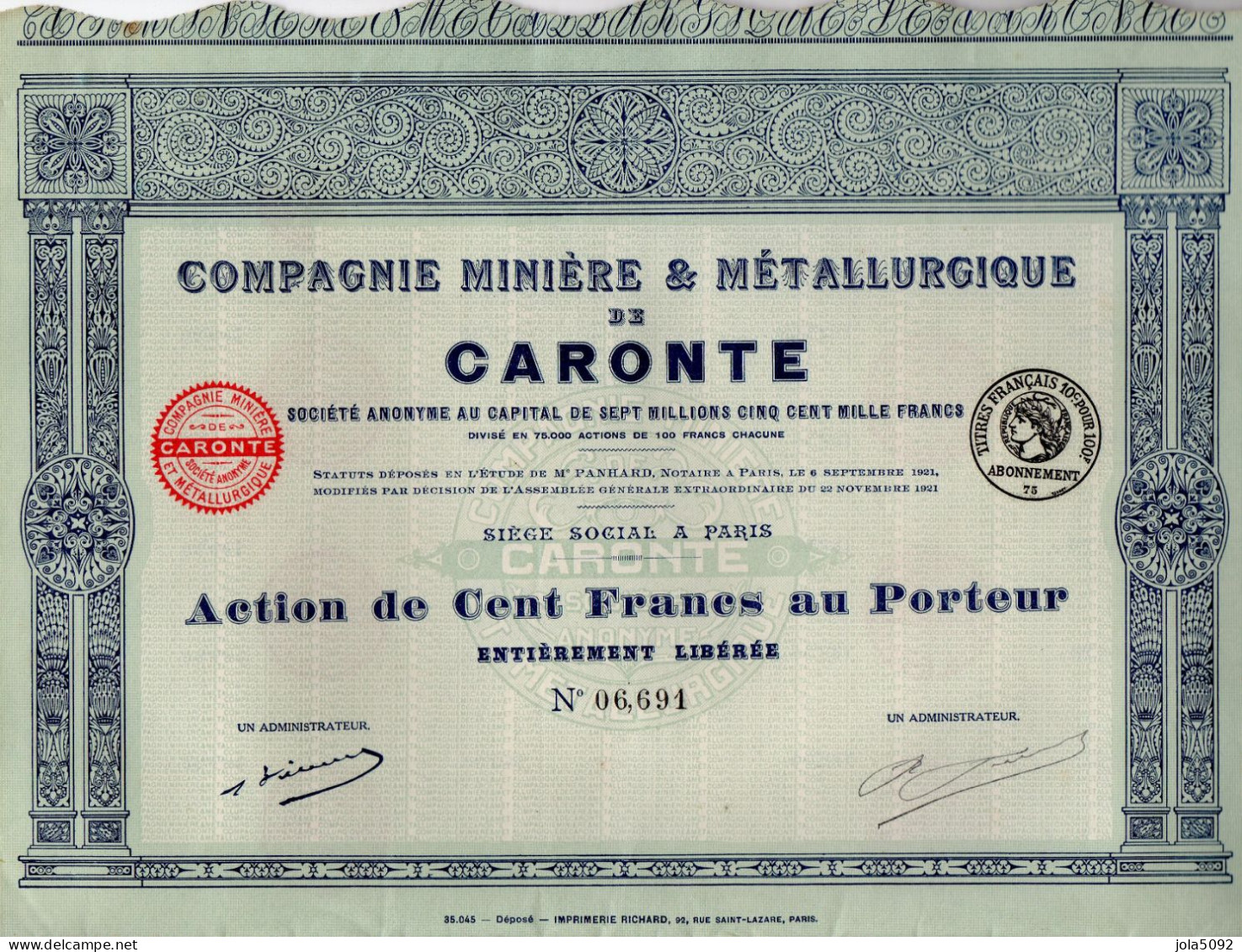 ACTION - Compagnie Minière Et Métallurgique De CARONTE - Bergbau