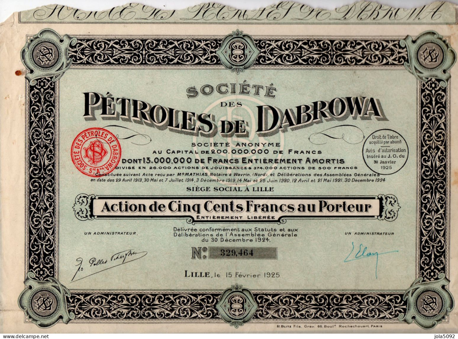 ACTION - Société Des Pétroles De DABROWA - Oil