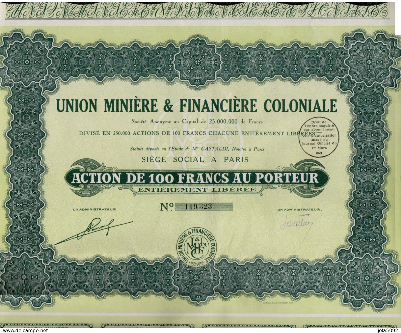 ACTION - Union Minière & Financière Coloniale - Mijnen