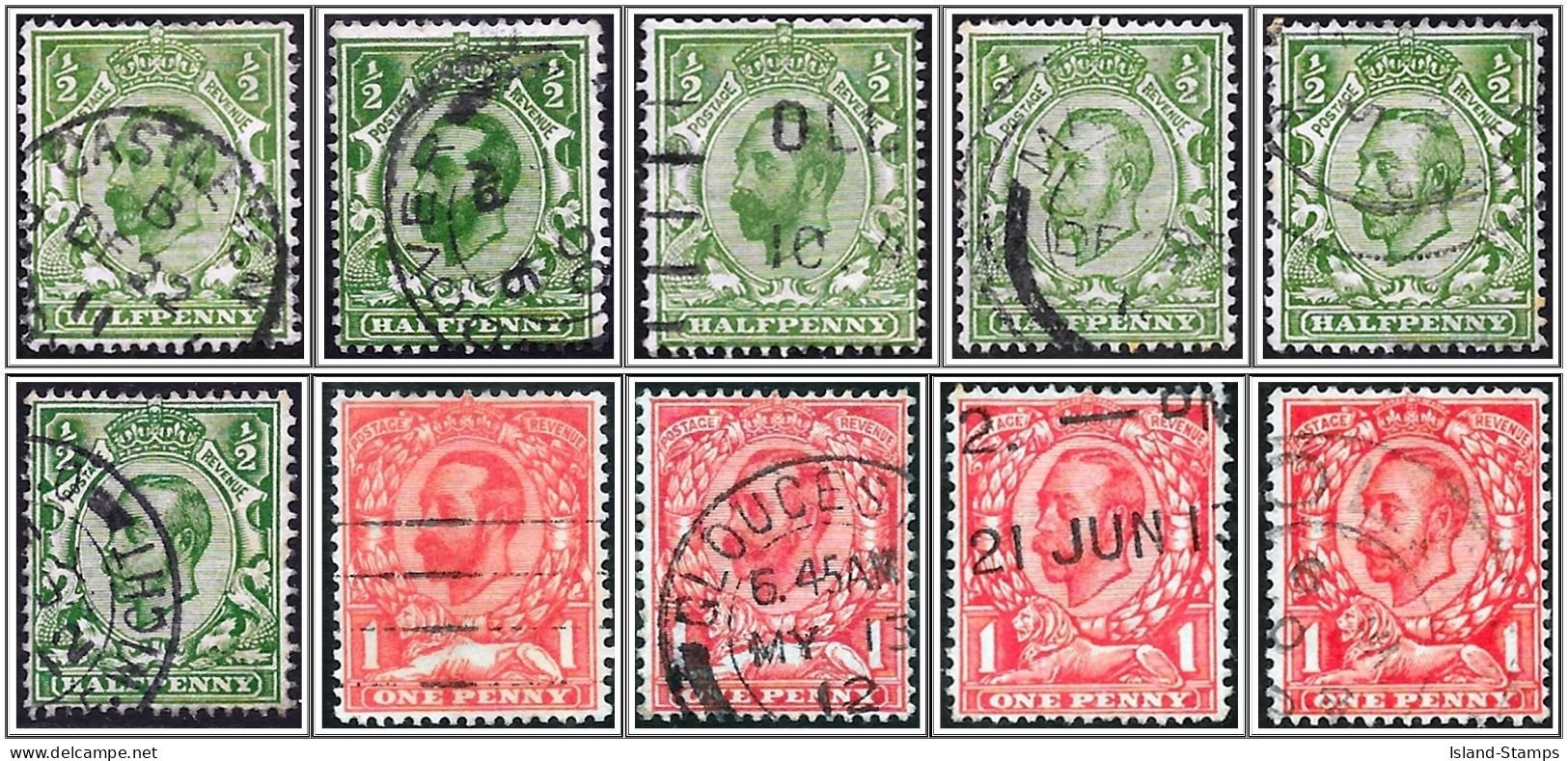 KGV Group Of 10 Downey Heads 1/2d Green & 1d Scarlet Good Used Hrd2a - Used Stamps