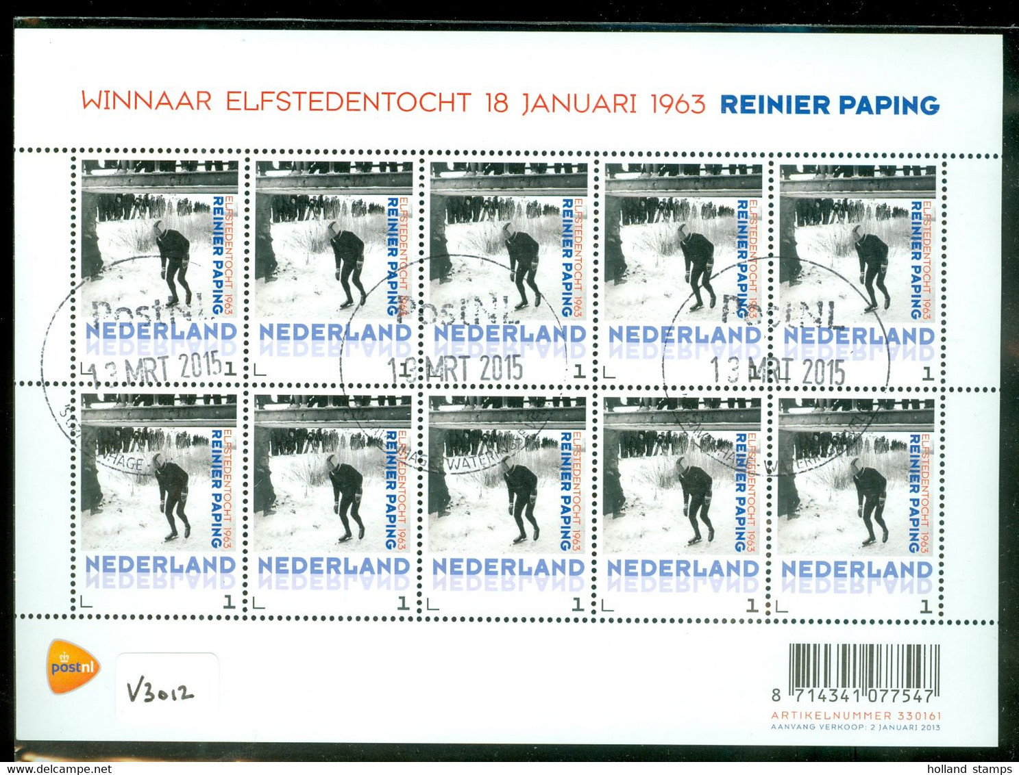 Nederland 2013 * V 3012 * POSTFRIS GESTEMPELD  * BLOK * ELFSTEDENTOCHT * SCHAATSEN * REINIER PAPING * C.W. EURO 20,00 - Used Stamps