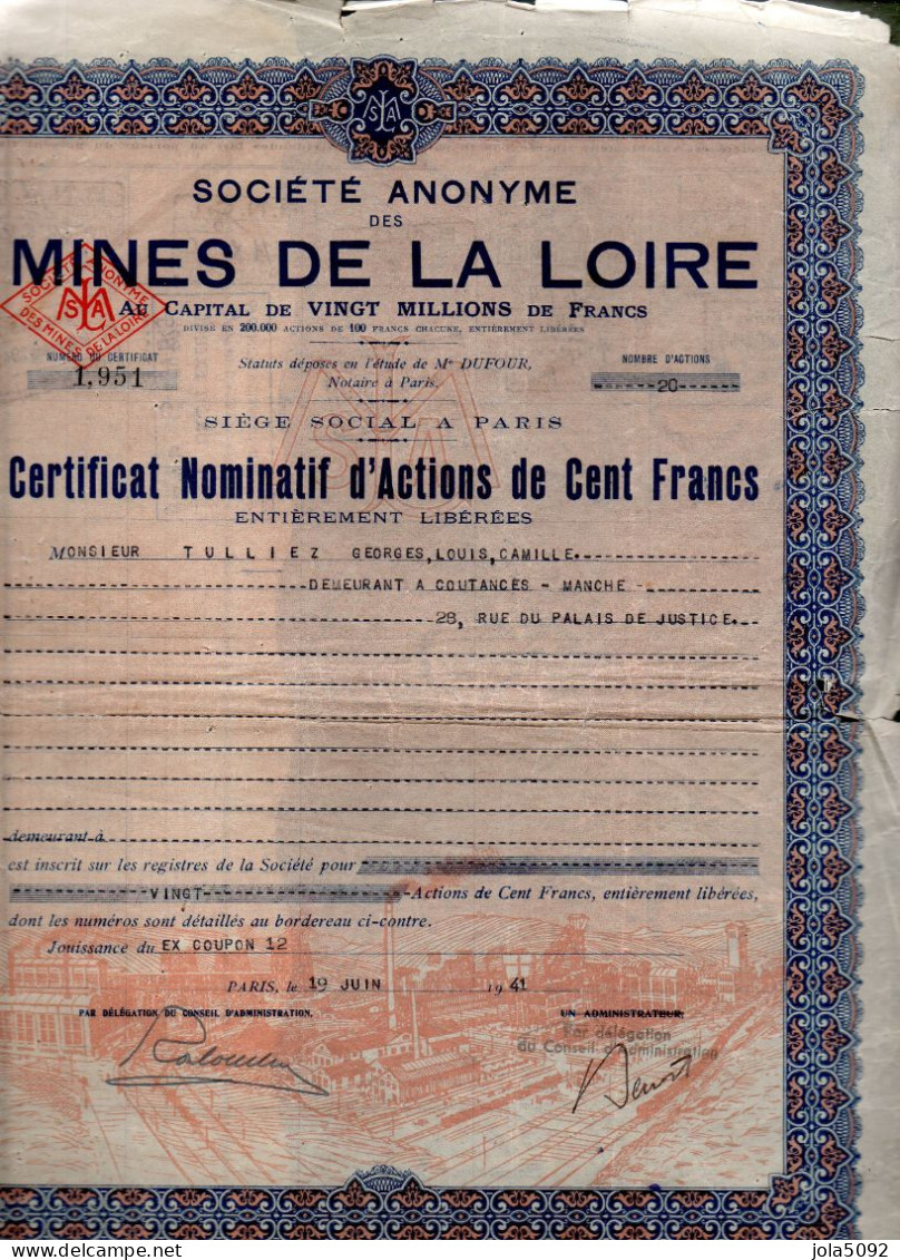 ACTION - Société Anonyme Des Mines De La Loire - Miniere