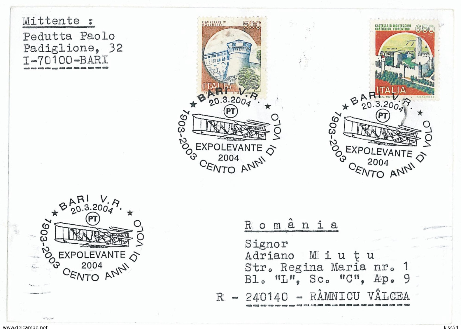 CV 29 - 1067-a AIRPLANE, Italy - Cover - Used - 2004 - Covers & Documents