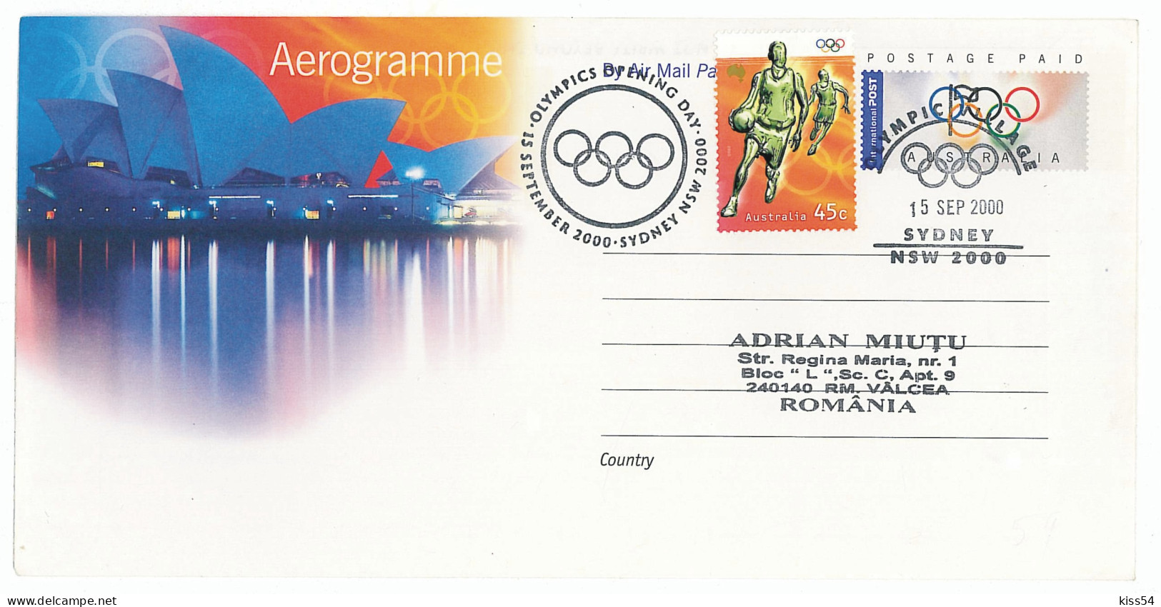 CV 29 - 1086 SYDNEY Olimpic Games, Bascketball - Aerogramme Cover - Used - 2000 - Covers & Documents