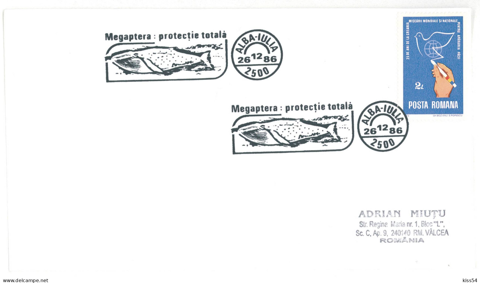 CV 29 - 810 WHALE, Marine Protection, Romania - Cover - Used - 1986 - Lettres & Documents