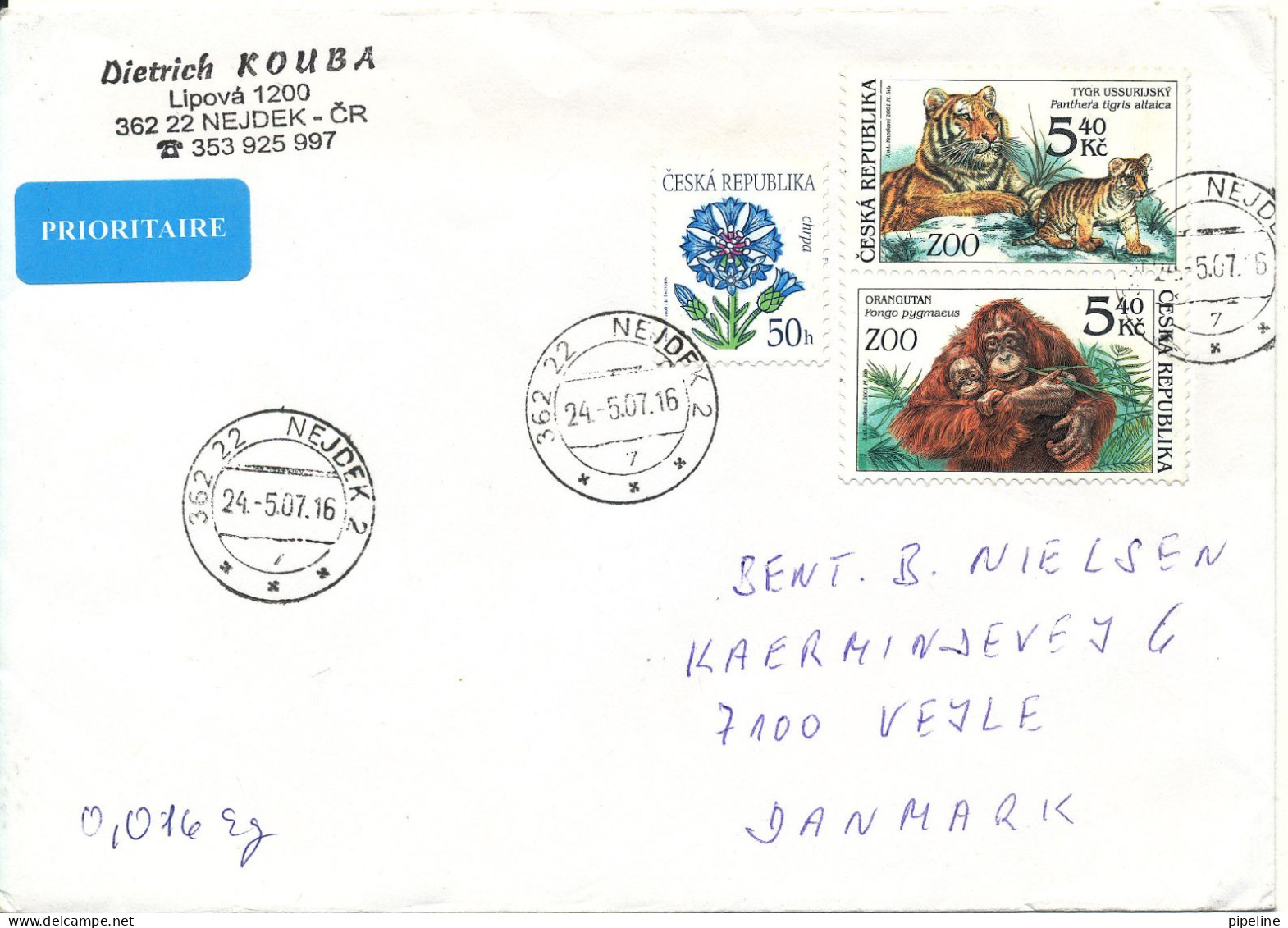 Czech Republic Cover Sent To Denmark 24-5-2007 Topic Stamps Orangutan & Tiger - Storia Postale