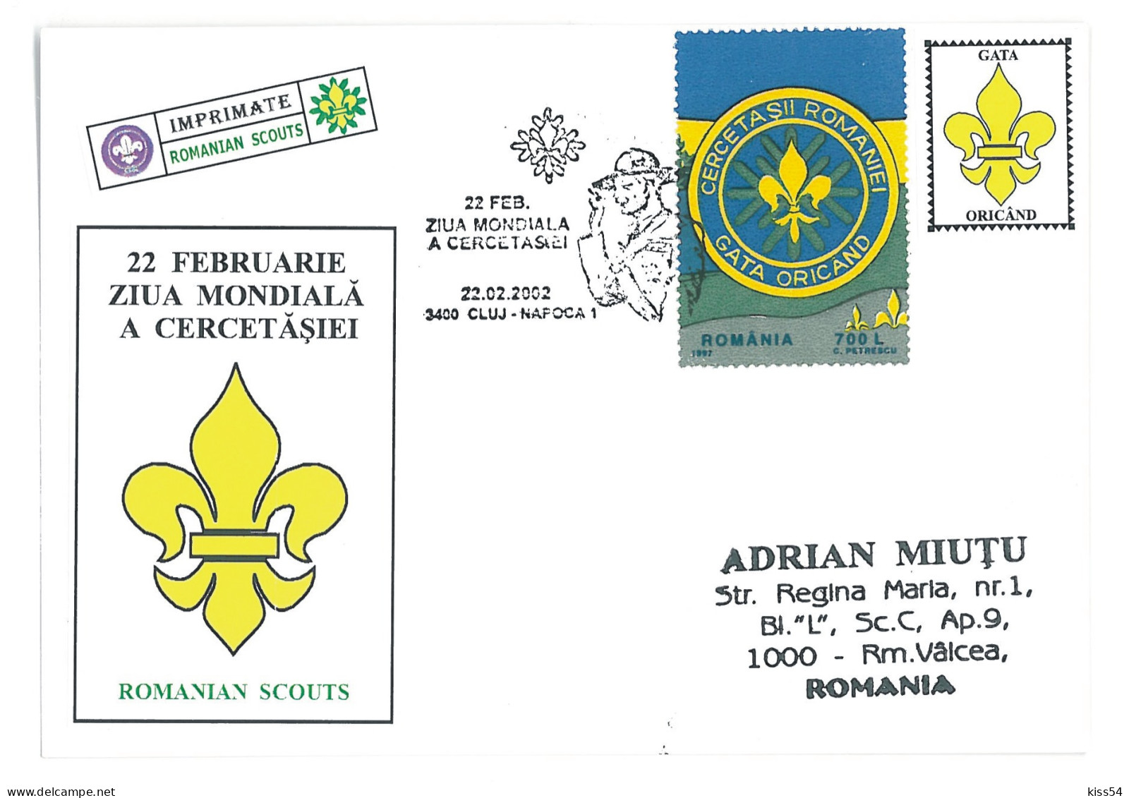 SC 53 - 1309 Scout ROMANIA, Special Stamp - Cover - Used - 2002 - Covers & Documents