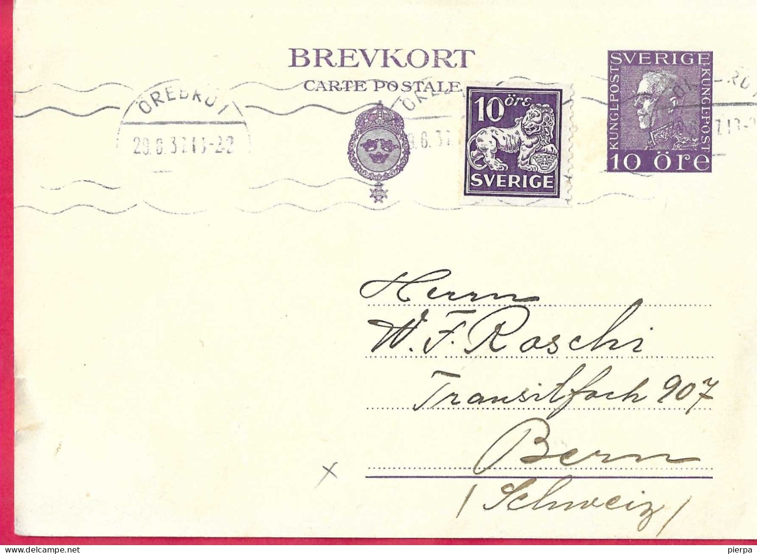 SVEZIA - INTERO CARTOLINA POSTALE (MICHEL P29) DA OREBRO *29.6.37* PER BERNA - Ganzsachen