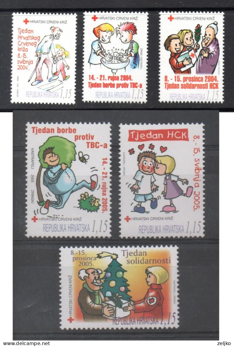 Croatia, MNH, Charity Stamps, 2004, 2005 Michel 101, 102, 103, 104, 105, 106, Red Cross, Complete Years - Croazia