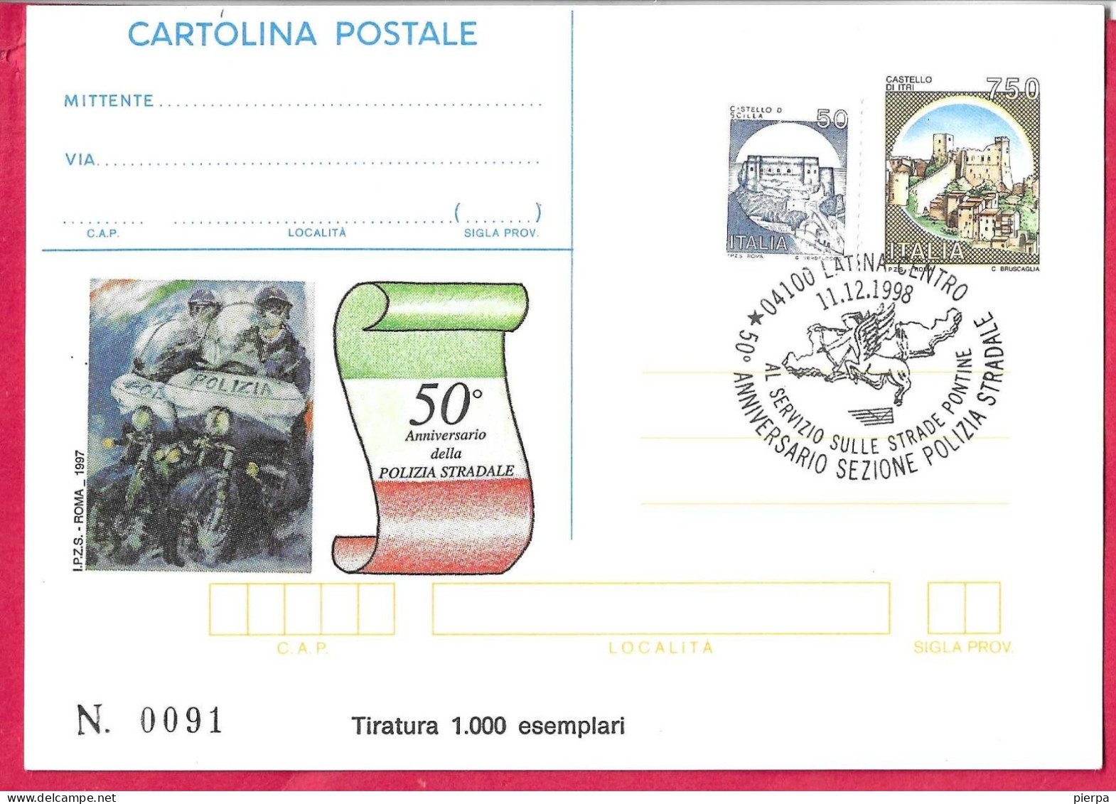 REPIQUAGE - ANNULLO SPECIALE " LATINA CENTRO*11.12.1998*/50° ANNIVERSARIO SEZIONE POLIZIA STRADALE" - Interi Postali