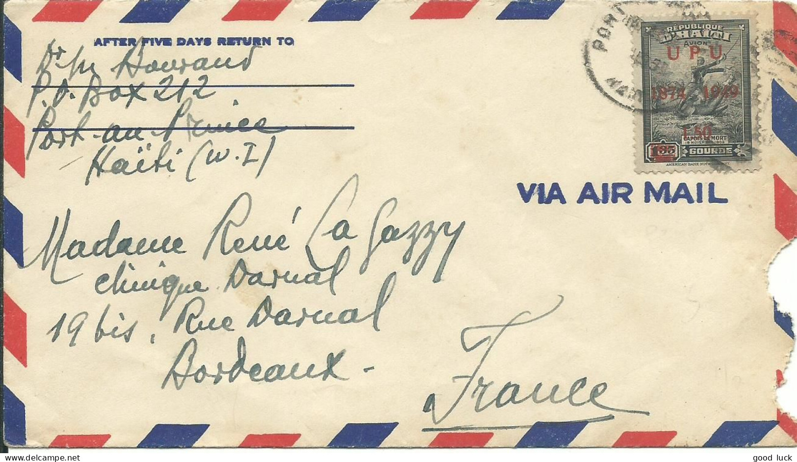 HAITI LETTRE 1,35$ SURCHARGE 1,50$ U.P.U. ROUGE PORT AU PRINCE POUR BORDEAUX ( GIRONDE ) DE 1950 LETTRE COVER - Haïti