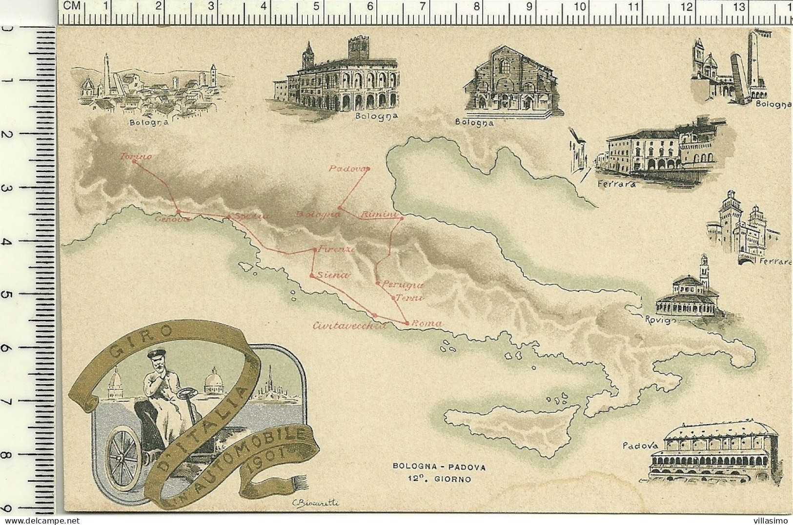 GIRO D'ITALIA IN AUTOMOBILE 1901 - 12° GIORNO - BOLOGNA-PADOVA - CON ANNULLO DEL COMITATO ESECUTIVO. ILL. BISCARETTI - Sonstige & Ohne Zuordnung