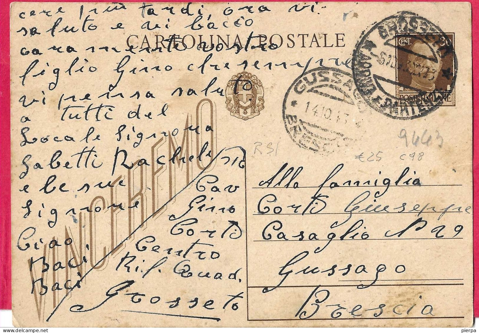 R.S.I. - INTERO CARTOLINA POSTALE VINCEREMO C. 30 DA BRESCIA *5.10.43* PER GUSSAGO - Marcofilie