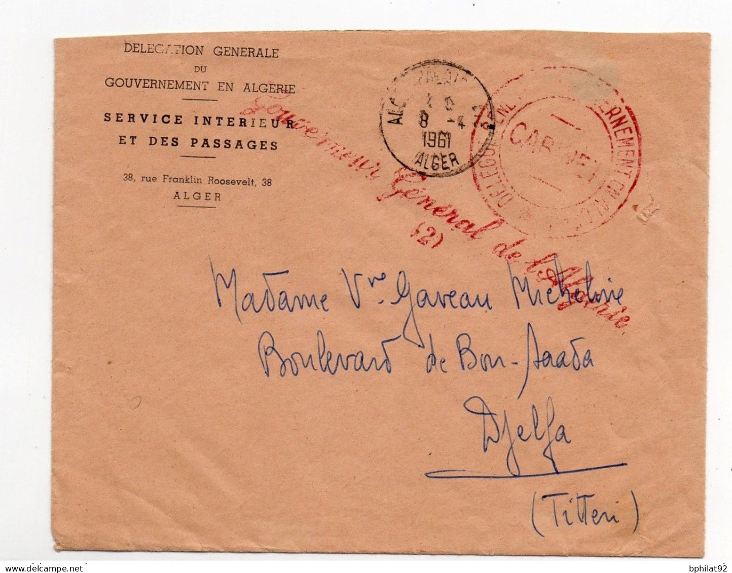 !!! MARQUE DE FRANCHISE GOUVERNEUR GENERAL DE L'ALGERIE SUR LETTRE DU 27/2/1961 POUR DJELFA - Cartas & Documentos