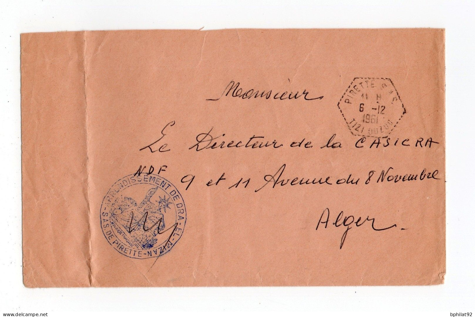 !!! ALGERIE, LETTRE EN FRANCHISE DU 6/12/1961, CACHET PIRETTE SAS - Brieven En Documenten