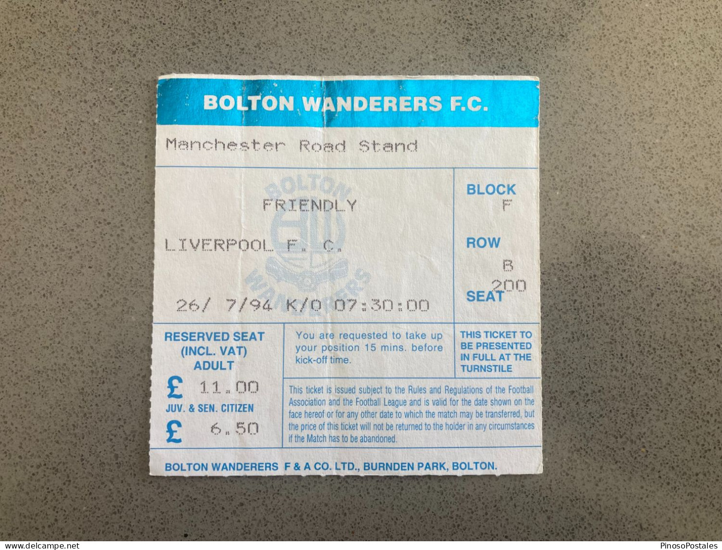 Bolton Wanderers V Liverpool 1994-95 Match Ticket - Eintrittskarten