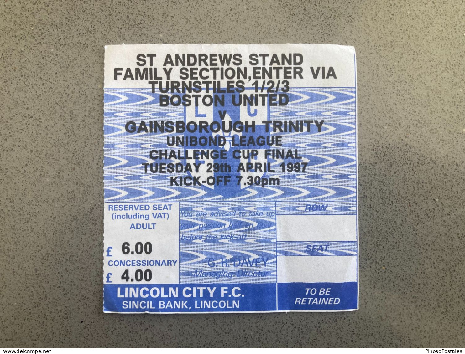 Boston United V Gainsborough Trinity 1996-97 Match Ticket - Eintrittskarten