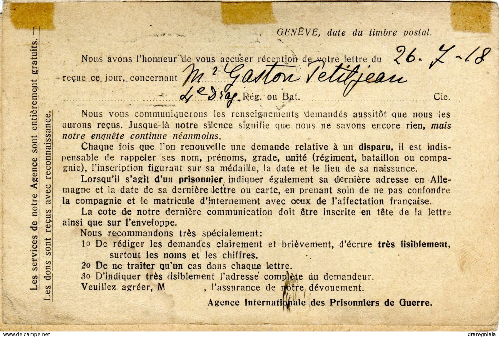 Carte Du Comité International De La Croix Rouge - Cachet De Genève 9 VIII 1918 Pour Valence - Red Cross