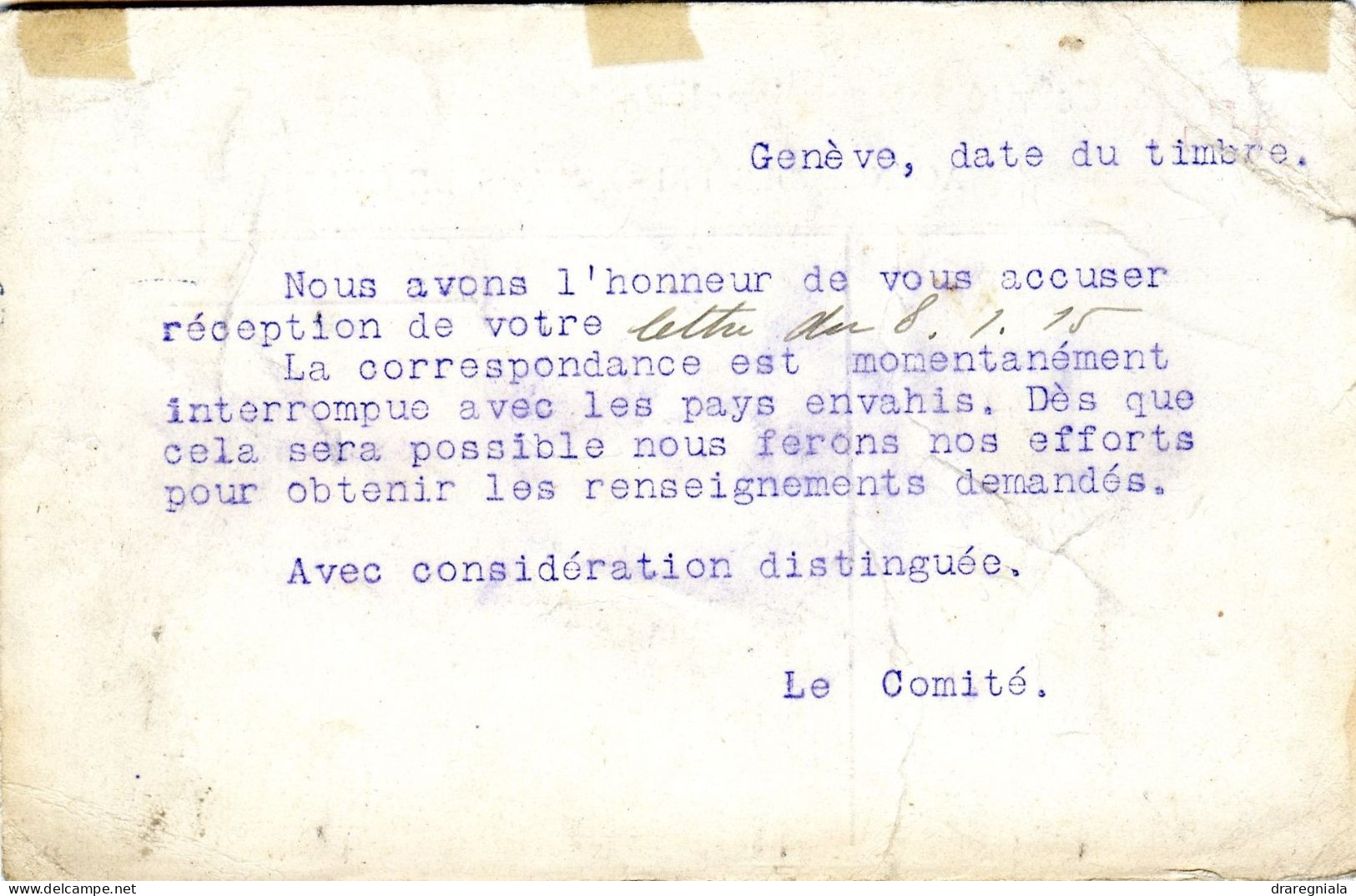 Carte Du Comité International De La Croix Rouge - Cachet De Genève 26 I 1915 Pour Chalons Sur Marne - Croix Rouge