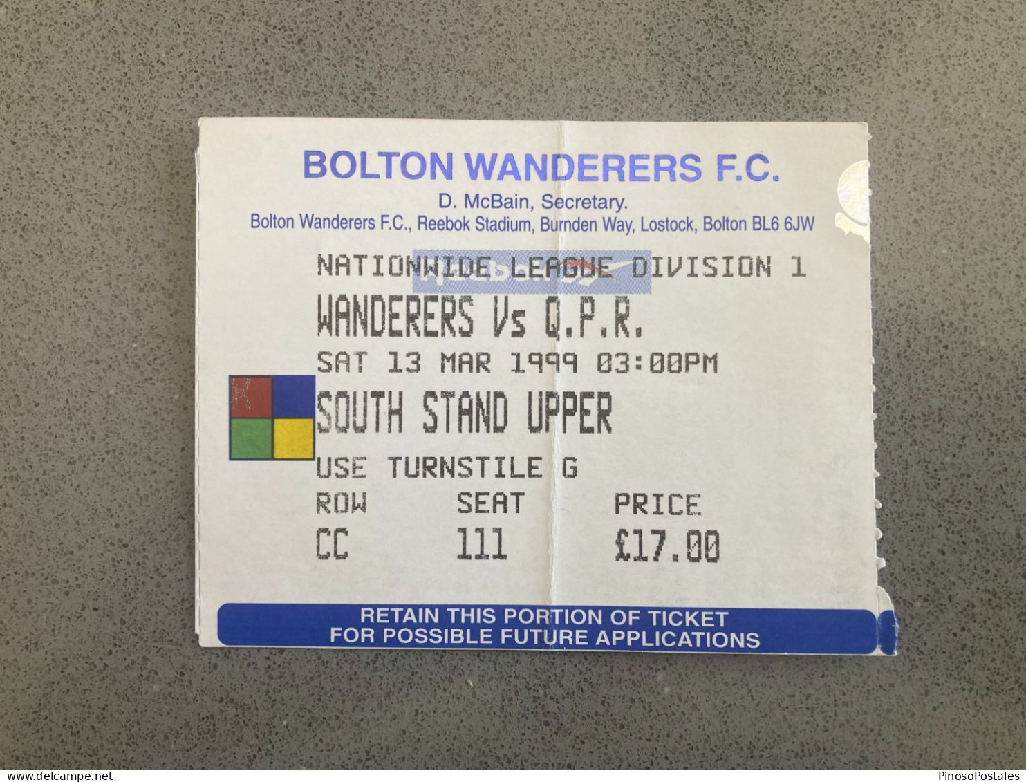 Bolton Wanderers V Queens Park Rangers 1999-00 Match Ticket - Eintrittskarten