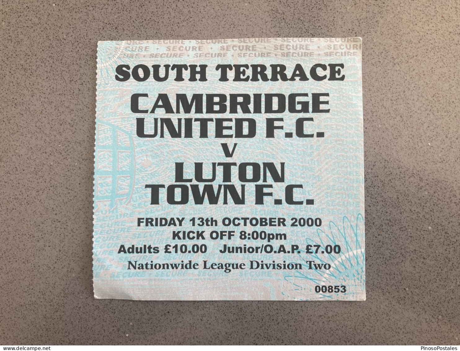 Cambridge United V Luton Town 2000-01 Match Ticket - Eintrittskarten