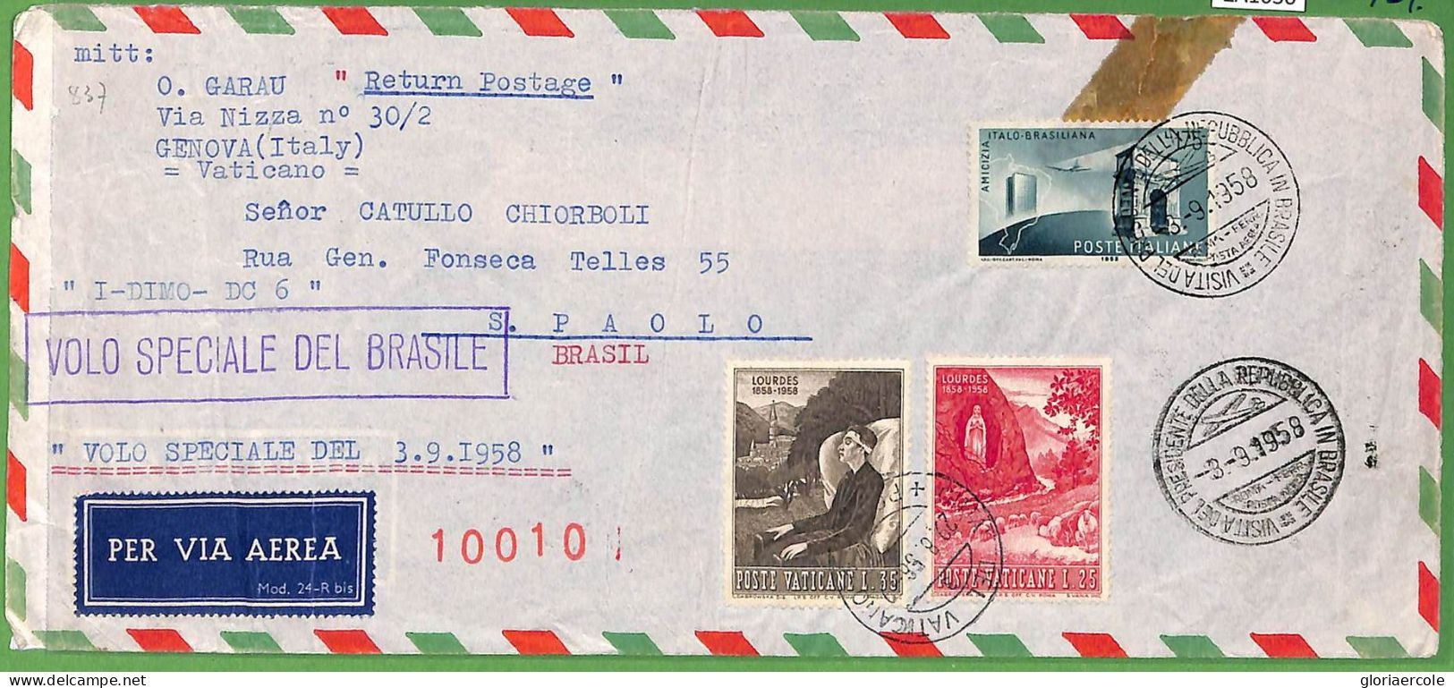 ZA1630 - VATICANO - Postal History - SPECIAL FLIGHT COVER To BRAZIL 1958 - Covers & Documents