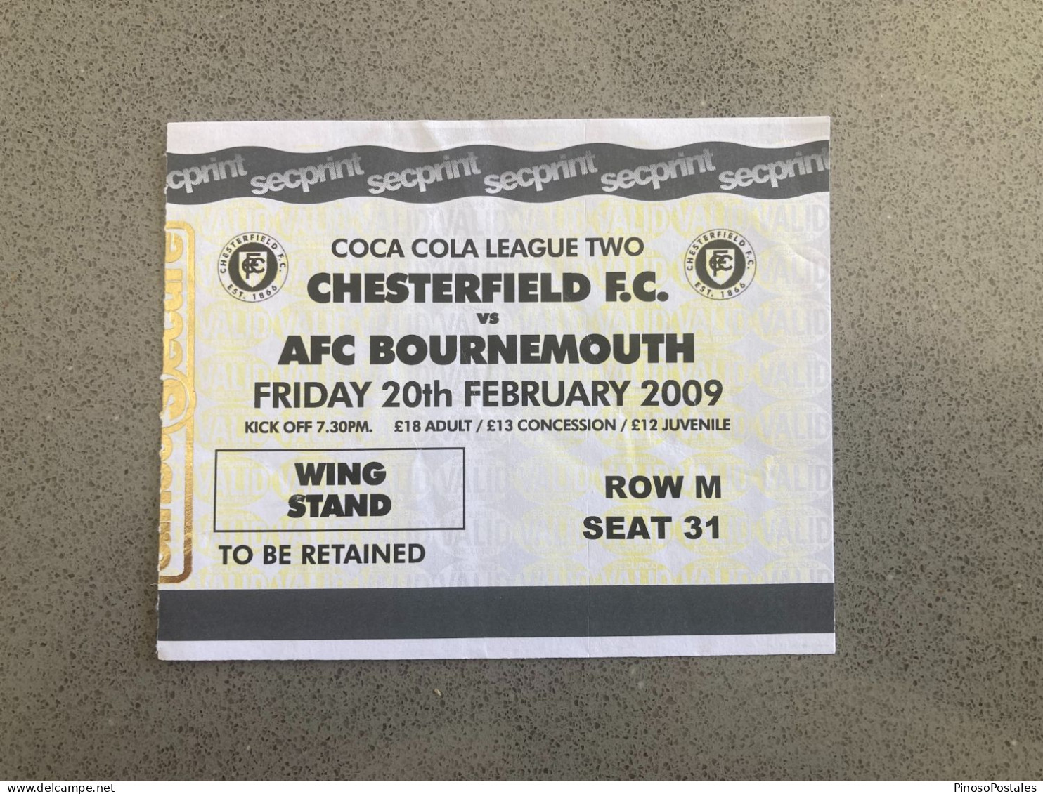 Chesterfield V Bournemouth 2008-09 Match Ticket - Eintrittskarten