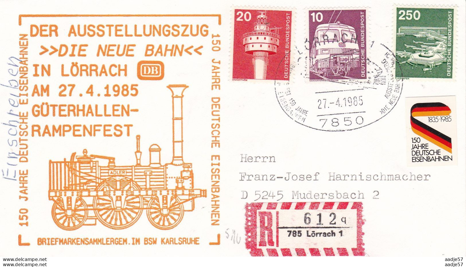 Germany Deutschland 1985 Spec Canc 150 Jahre Eisenbahnen Lörrach Die Neue Bahn Regr. 27-04-1985 - Trenes