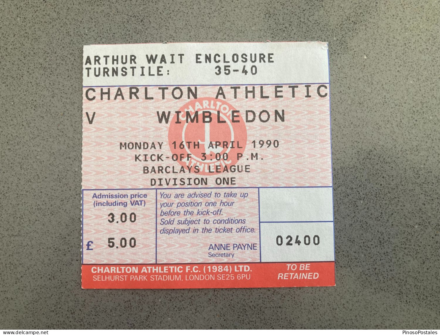 Charlton Athletic V Wimbledon 1989-90 Match Ticket - Eintrittskarten