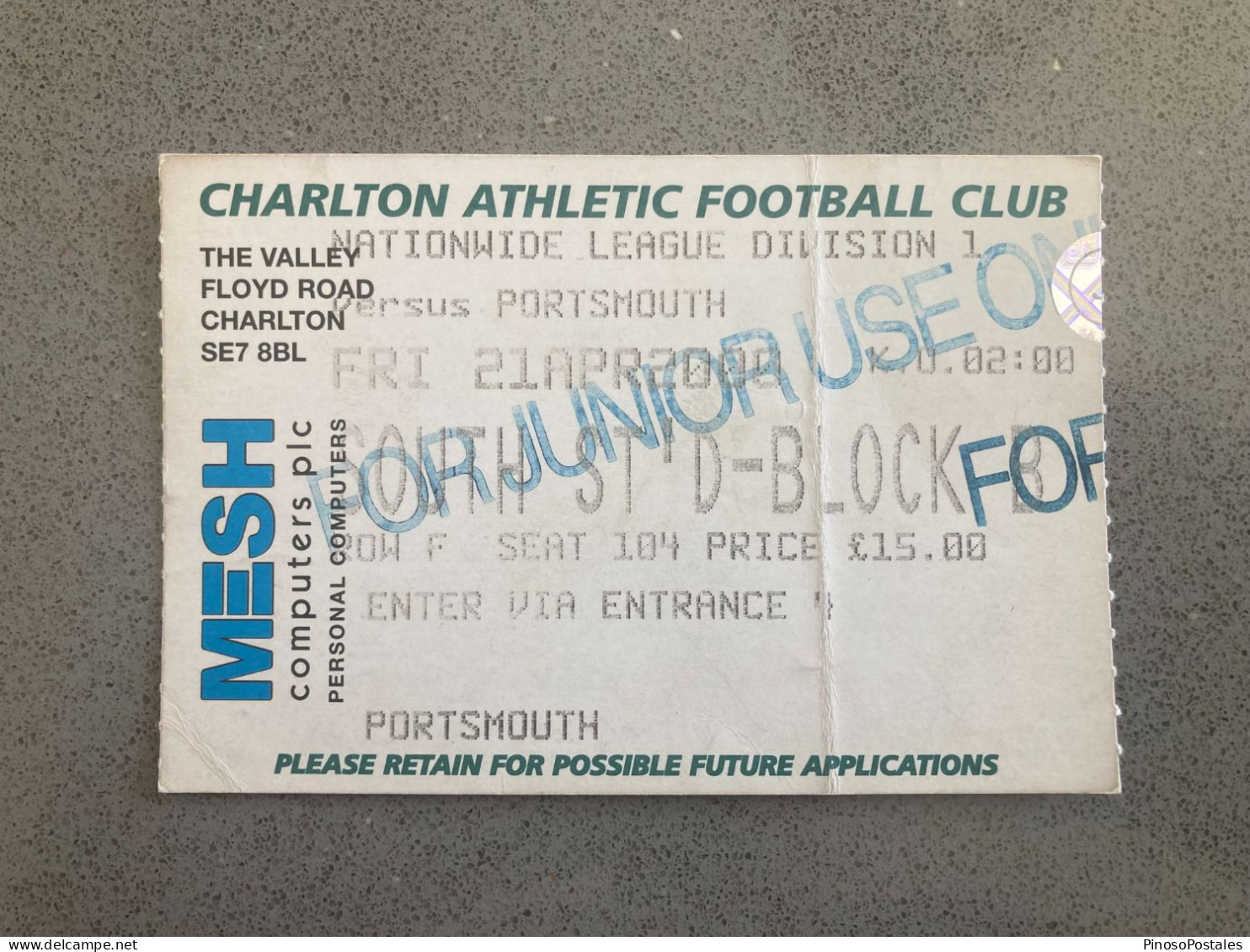 Charlton Athletic V Portsmouth 1999-00 Match Ticket - Eintrittskarten