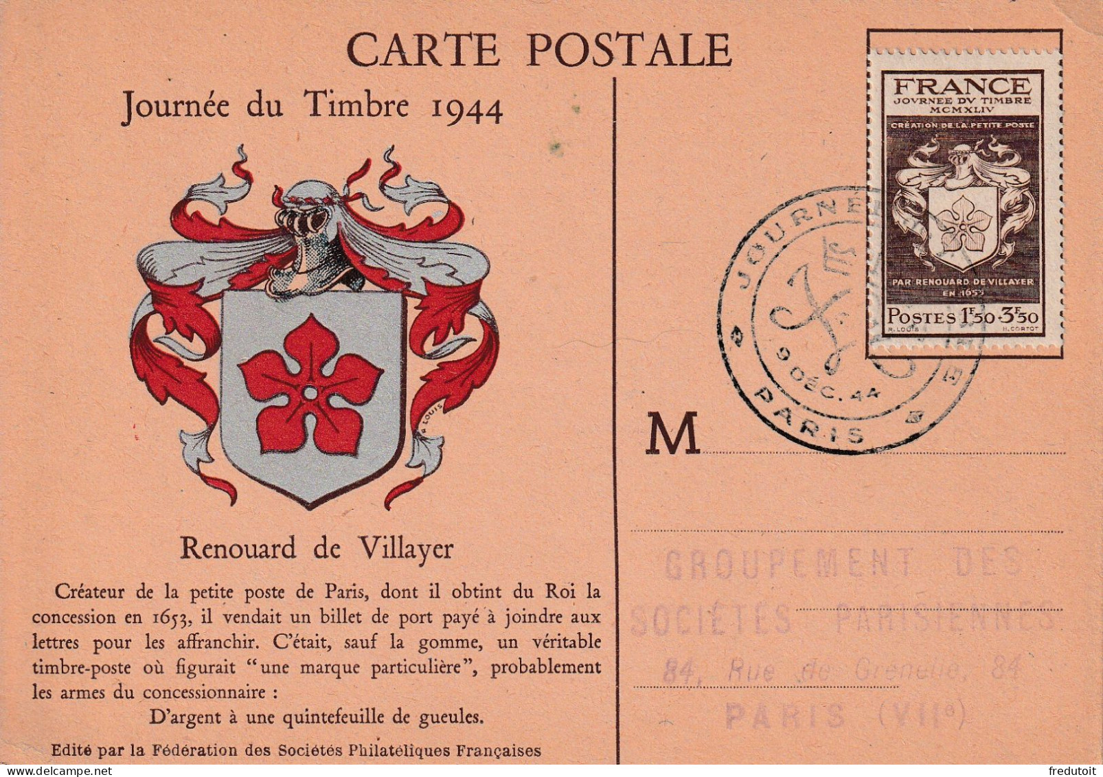 CARTE MAXIMUM - 1944 - Journée Du Timbre - PARIS - 1940-1949