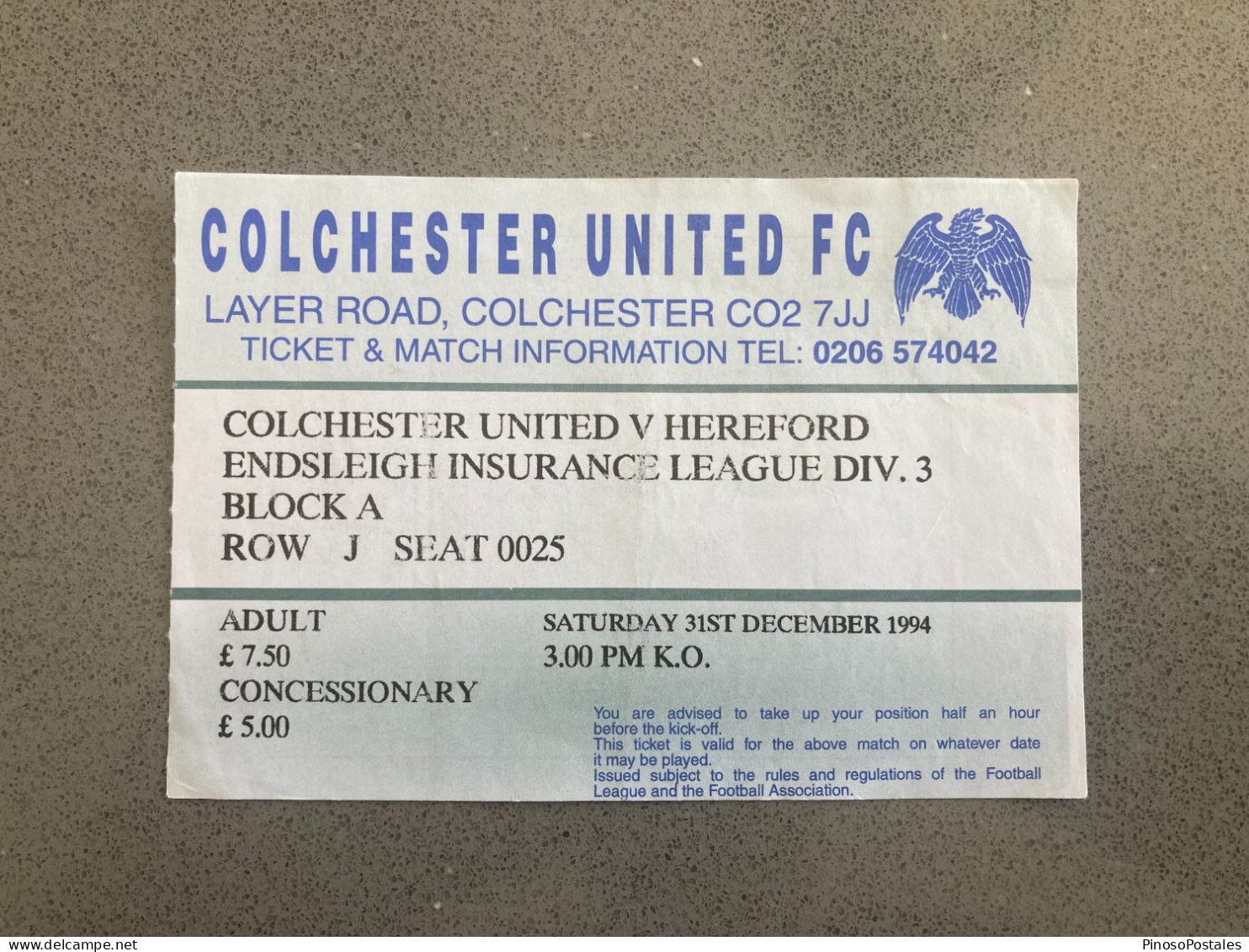 Colchester United V Hereford United 1994-95 Match Ticket - Eintrittskarten
