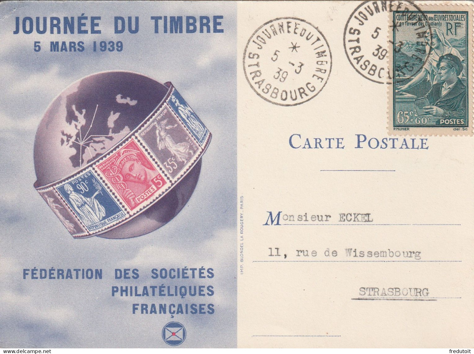 CARTE MAXIMUM - 1939 - Journée Du Timbre à Strasbourg (67) - 1930-1939