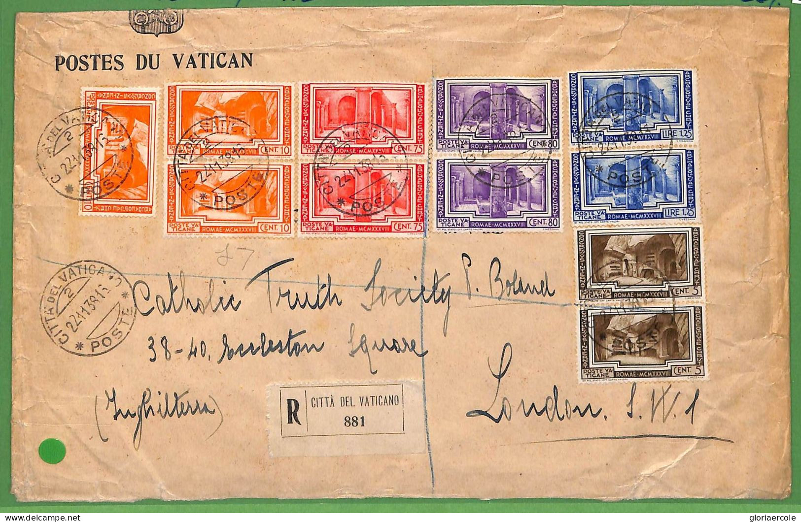 ZA1631 - VATICANO - Storia Postale - Sass # 55/60*2 Su BUSTA RACCOMANDATA 1938 - Briefe U. Dokumente