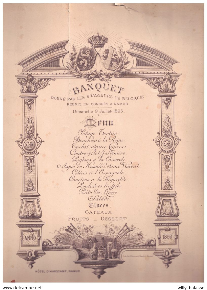 +++ Grand MENU - Banquet Des Brasseurs De Belgique - NAMUR 1893   // - Menu