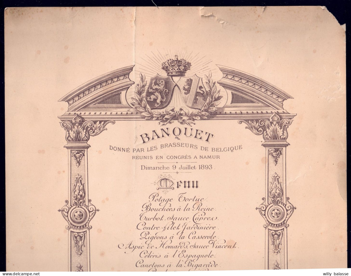 +++ Grand MENU - Banquet Des Brasseurs De Belgique - NAMUR 1893   // - Menu