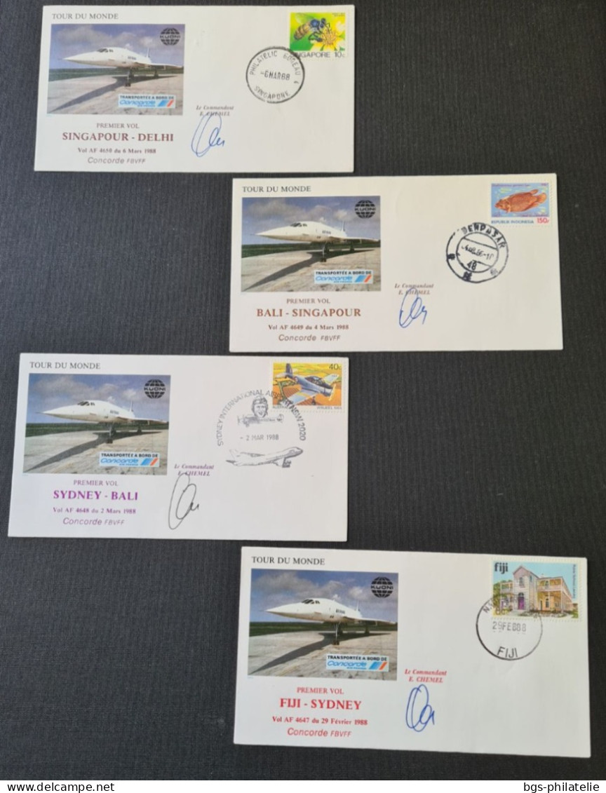 Concorde,  Tour Du Monde 7 Enveloppes + Carte. Du 20/02/1988. - Concorde