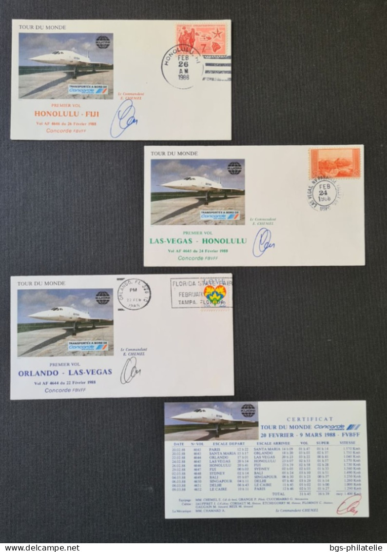Concorde,  Tour Du Monde 7 Enveloppes + Carte. Du 20/02/1988. - Concorde