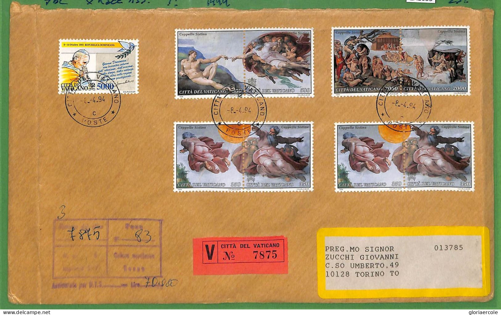 ZA1635 - VATICANO - Storia Postale - Busta   FDC MICHELANGELO Arte 1994 Capella Sistina - FDC