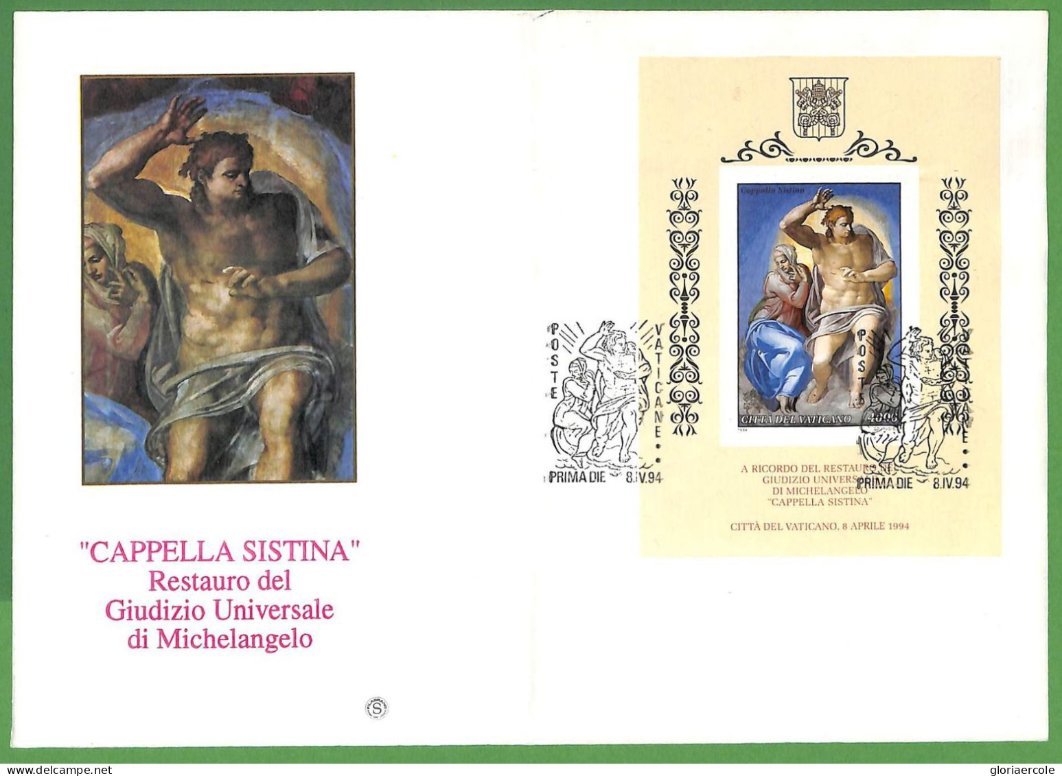 ZA1637 - VATICANO - Storia Postale - Busta   FDC Michelangelo FOGLIETTO 1994 Cappella Sistina - FDC