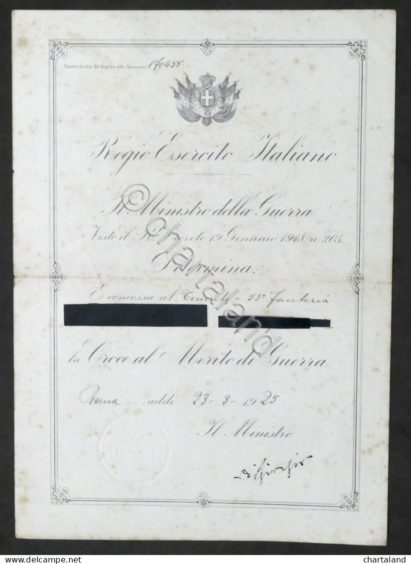 WWI - Regio Esercito Italiano - Attestato Croce Al Merito Di Guerra - 1925 - Documents